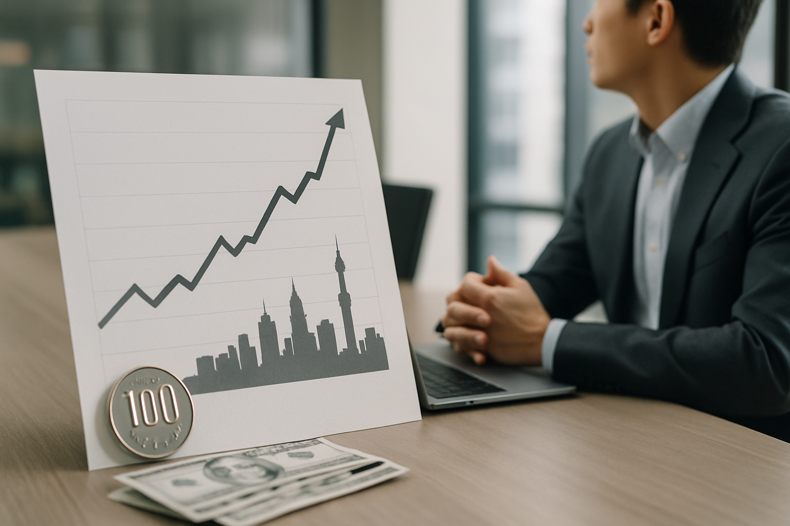 Grafico del cambio con trend di rafforzamento dello yen e sfondo urbano asiatico stilizzato