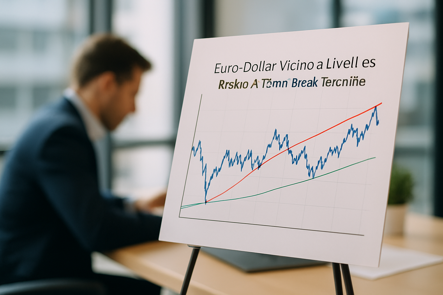 Grafico stilizzato del cambio EUR/USD con supporti e resistenze evidenziati