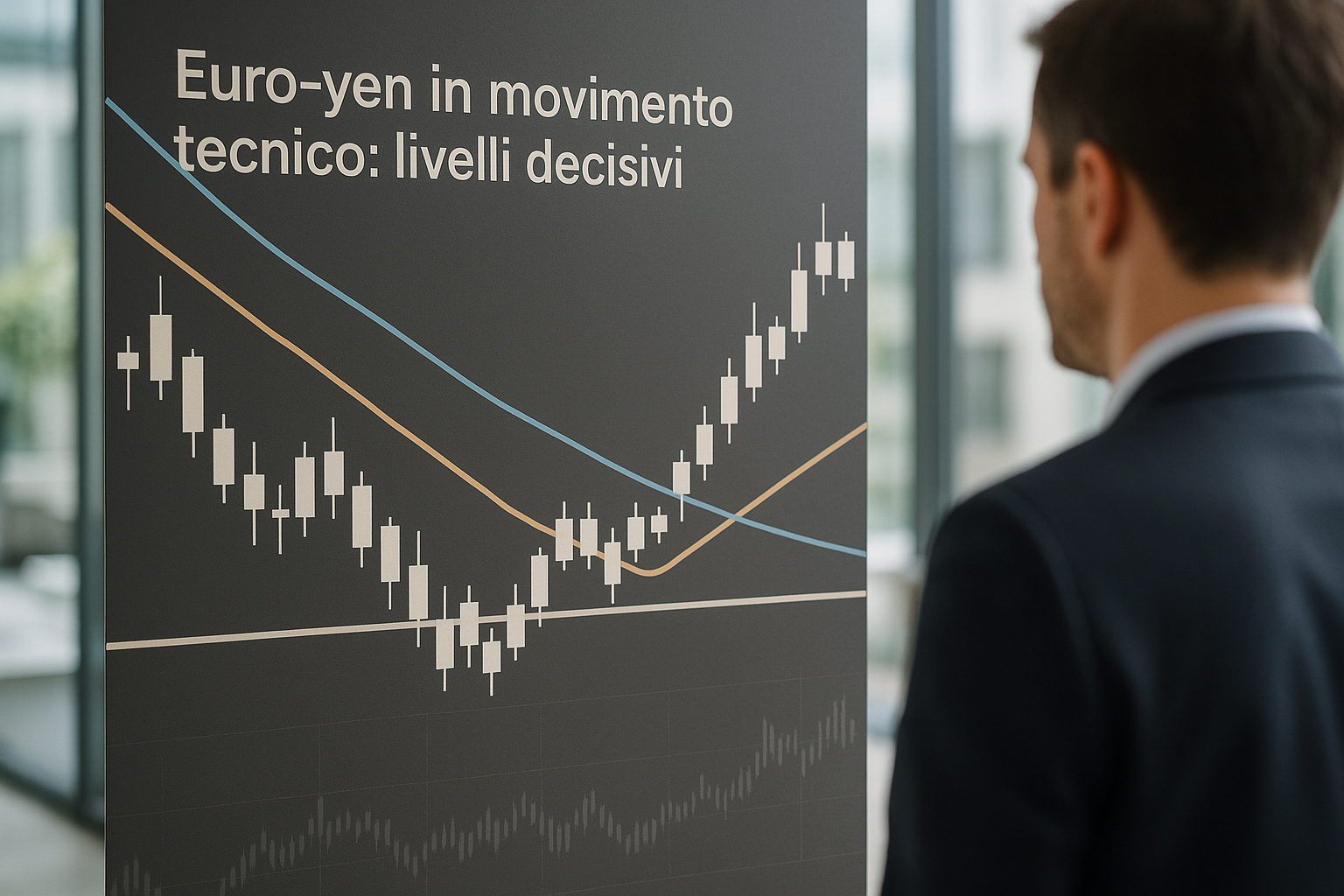 Grafico stilizzato del cambio euro-yen con supporti e resistenze evidenziati
