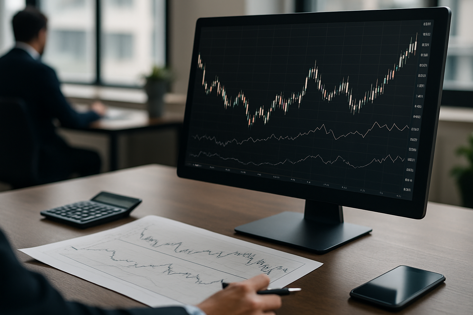 Andamento astratto del cambio yen con linee di mercato e indicatori finanziari