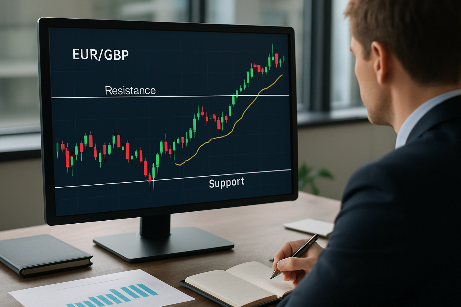 Schema astratto di grafico valutario con supporti e resistenze di medio periodo su EUR/GBP
