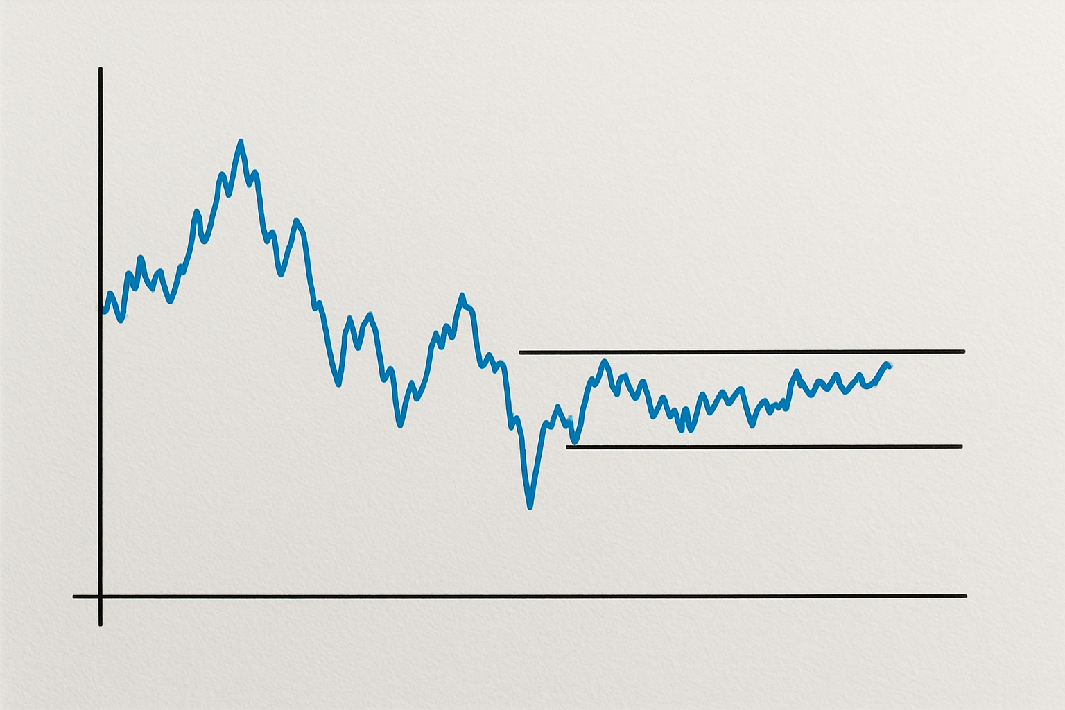 Grafico stilizzato del cambio euro-yen in fase laterale con supporto e resistenza