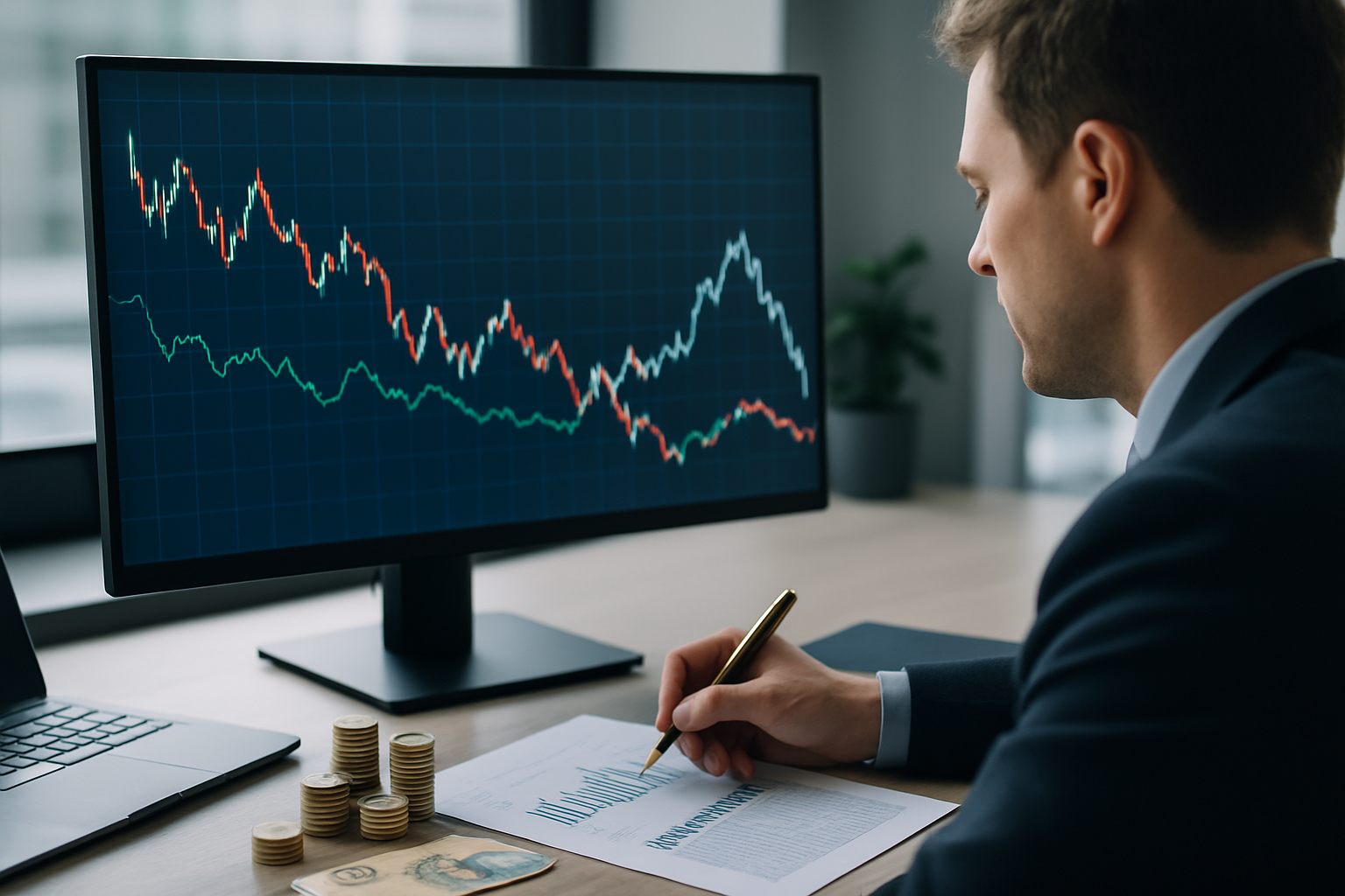 Andamento astratto del cambio euro con linee di volatilità e segnali di flussi difensivi