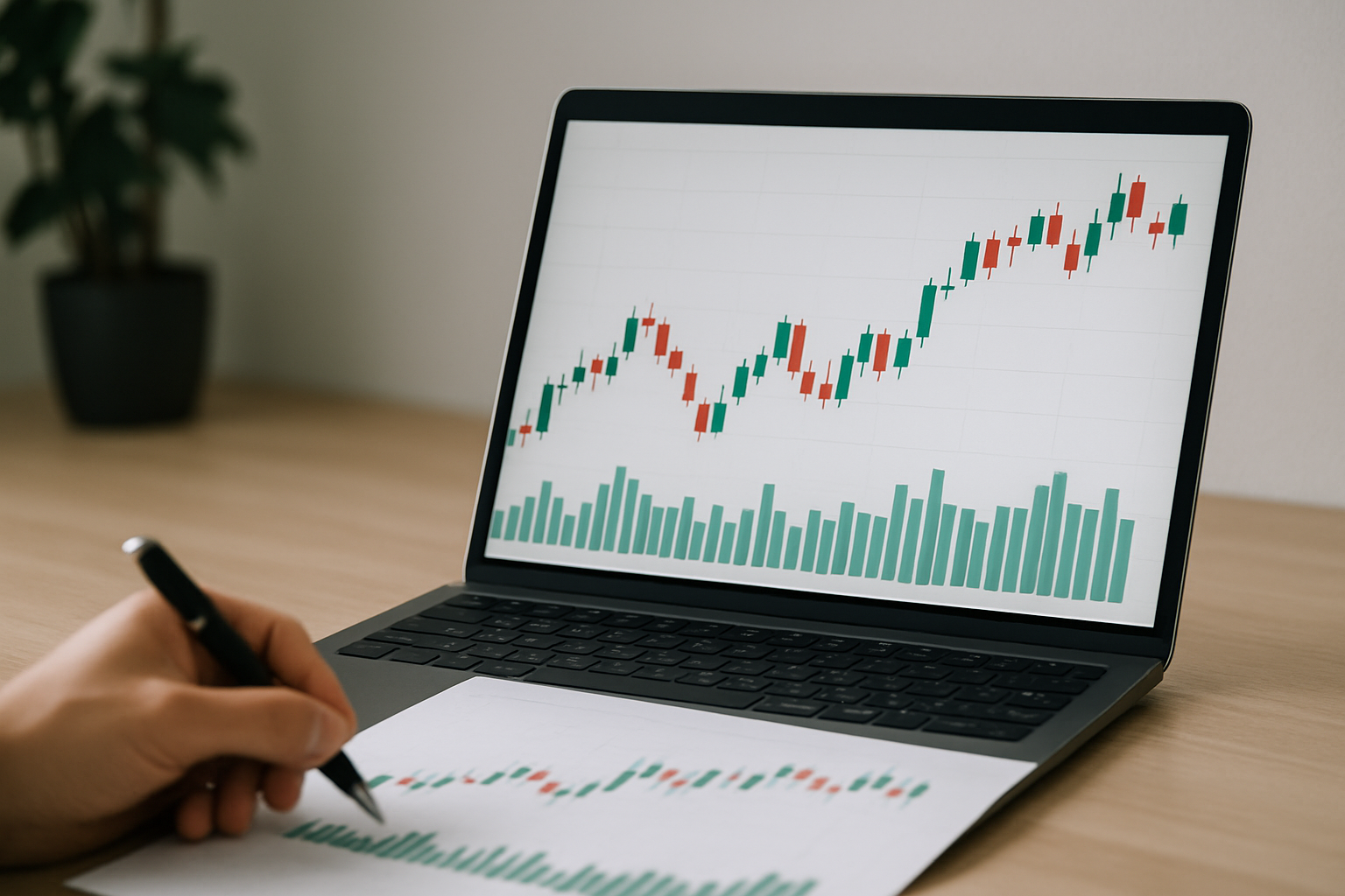Grafico a candele con istogramma dei volumi che illustra una fase di accumulo sullo yen