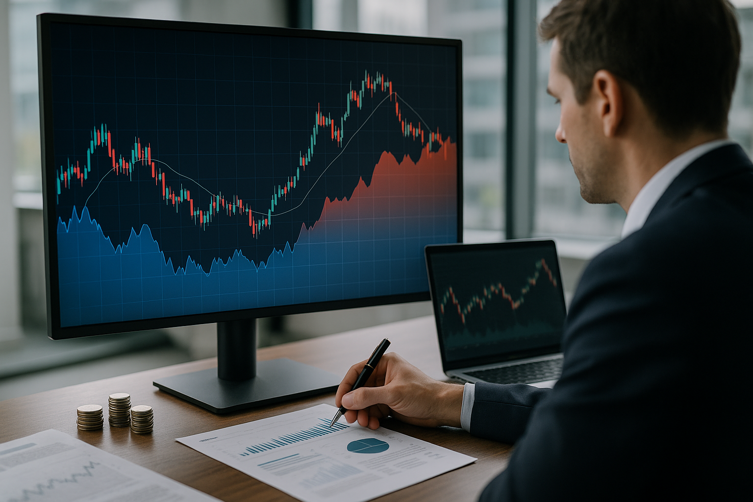 Andamento astratto del cambio EUR/USD con linee di prezzo e segnali di volatilità