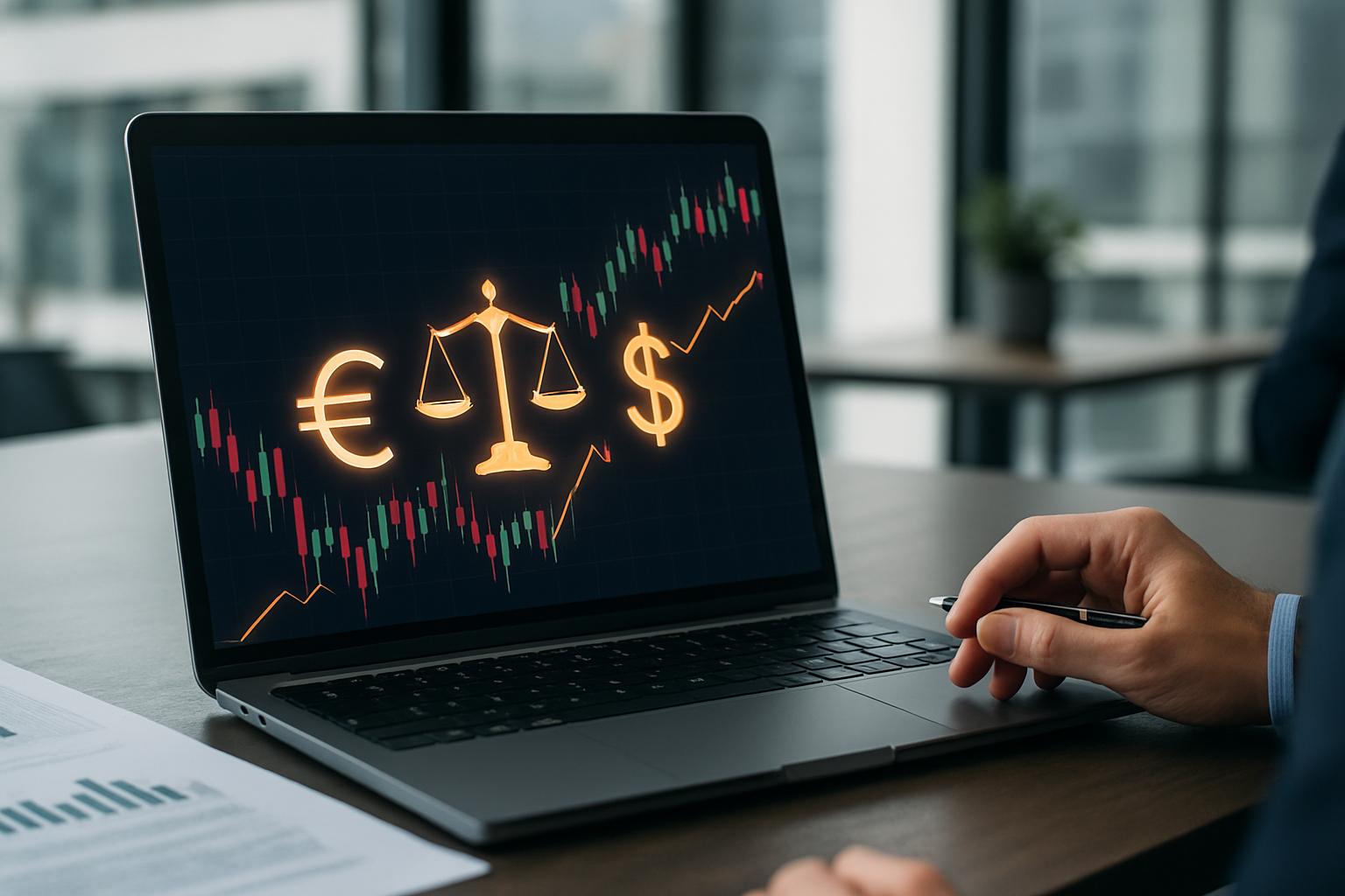 Grafico forex astratto che rappresenta l’impatto delle decisioni di politica monetaria sui cambi