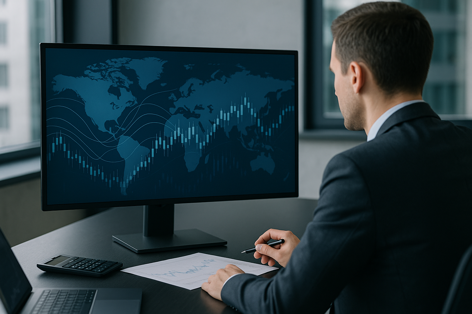 Mappa del mondo con flussi finanziari stilizzati e grafico di mercato a candele che rappresentano l'impatto geopolitico sul Forex