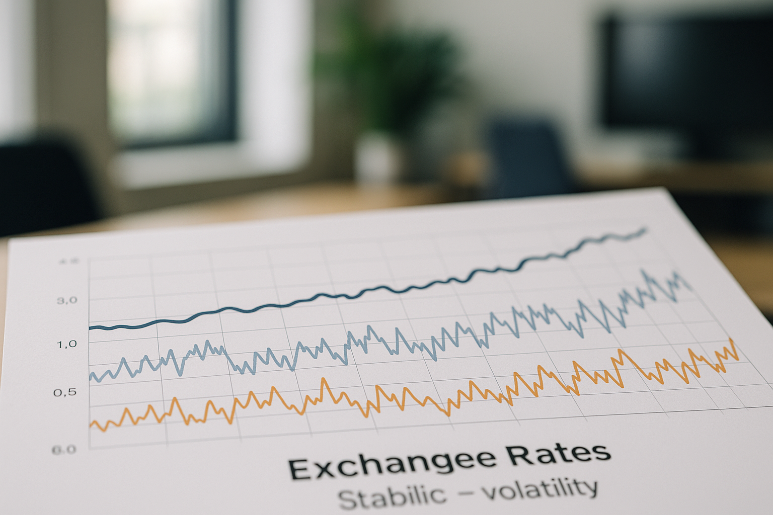 Confronto tra andamento stabile e volatile di tassi di cambio in un grafico astratto