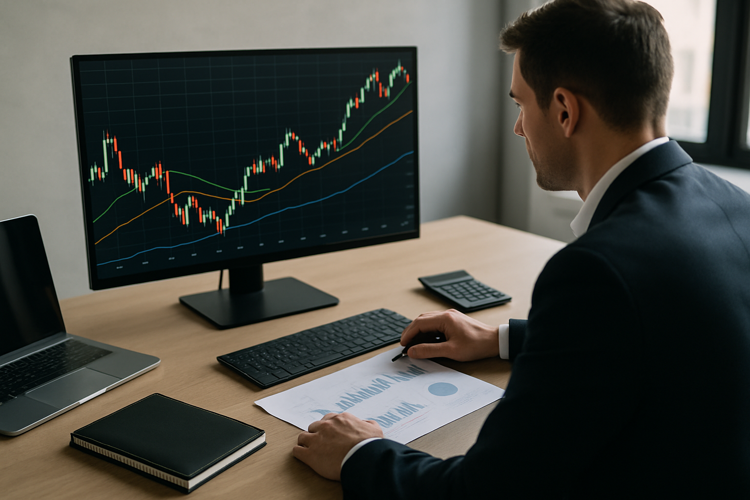 Postazione di lavoro con grafici di mercato e linee di trend in stile realistico