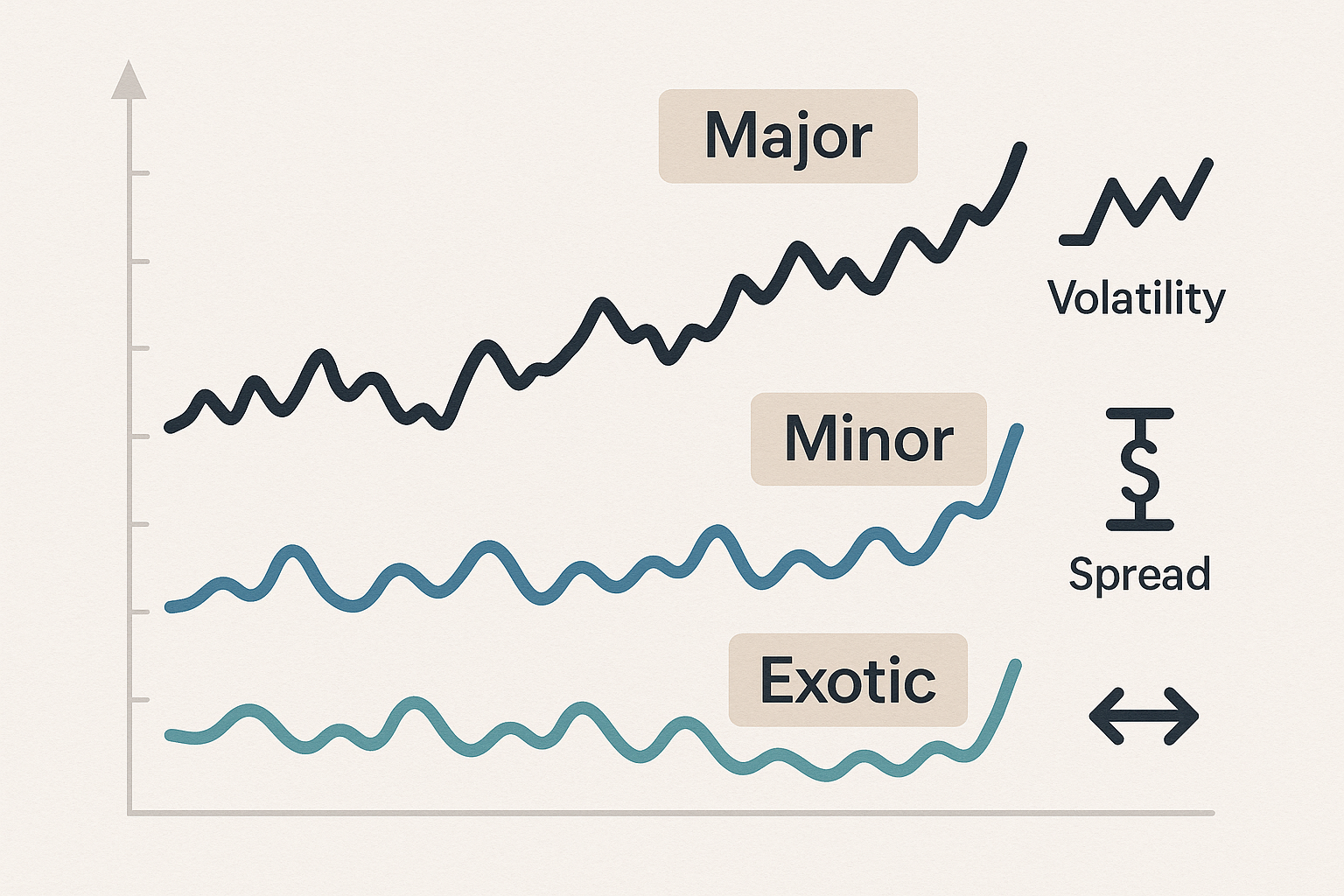 Schema delle differenze tra coppie valutarie major, minor ed esotiche nel mercato Forex
