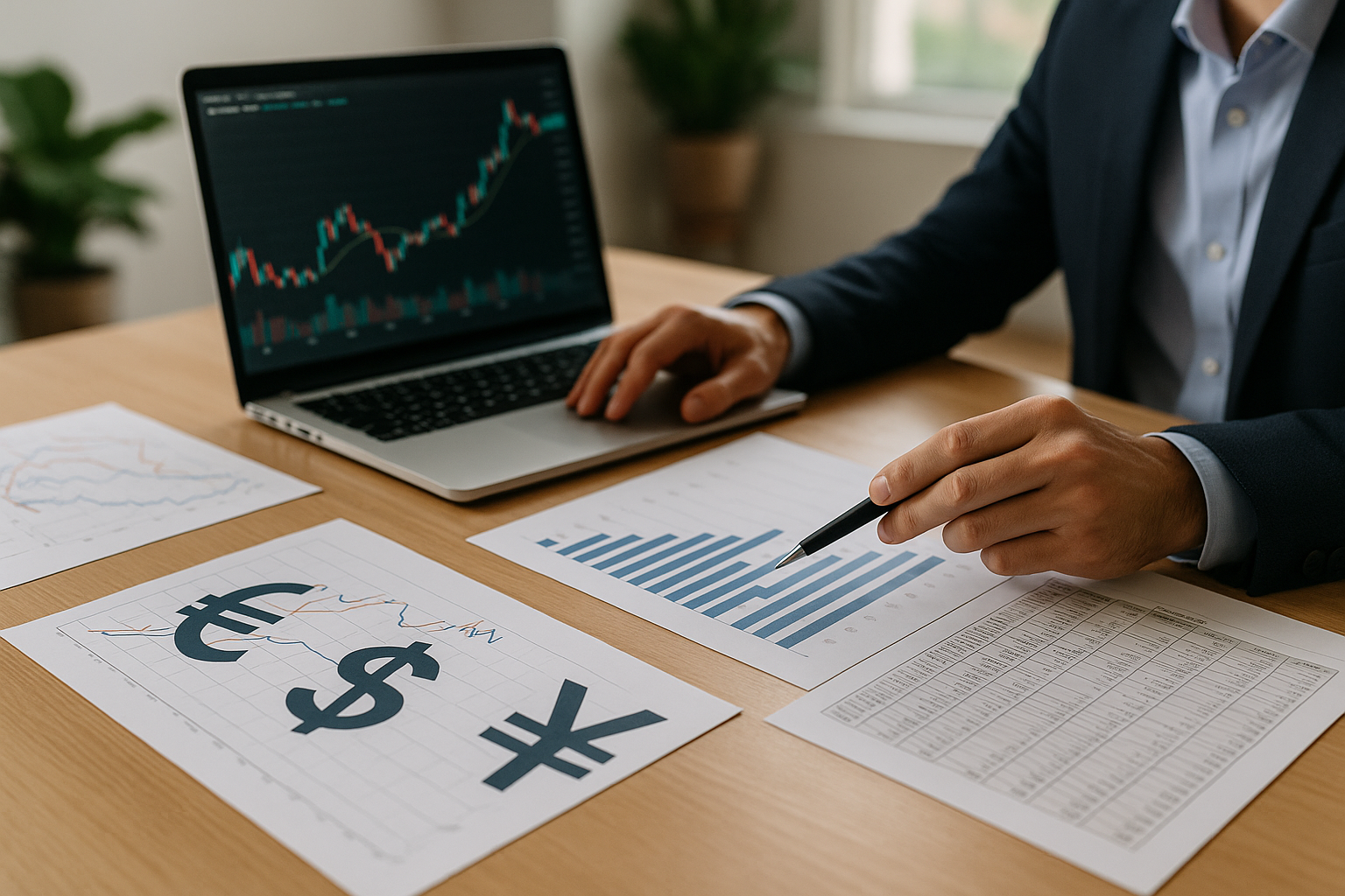 Grafici macroeconomici e simboli valutari su una scrivania in un contesto professionale