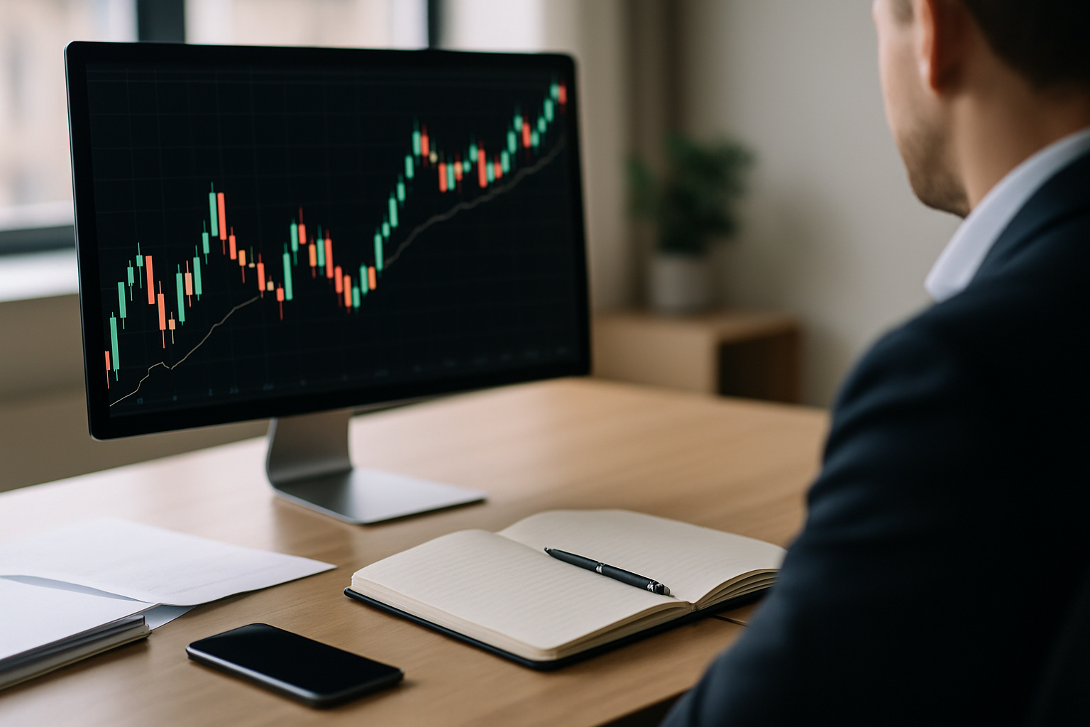 Postazione di lavoro con monitor che mostra un grafico a candele e taccuino per il diario di trading