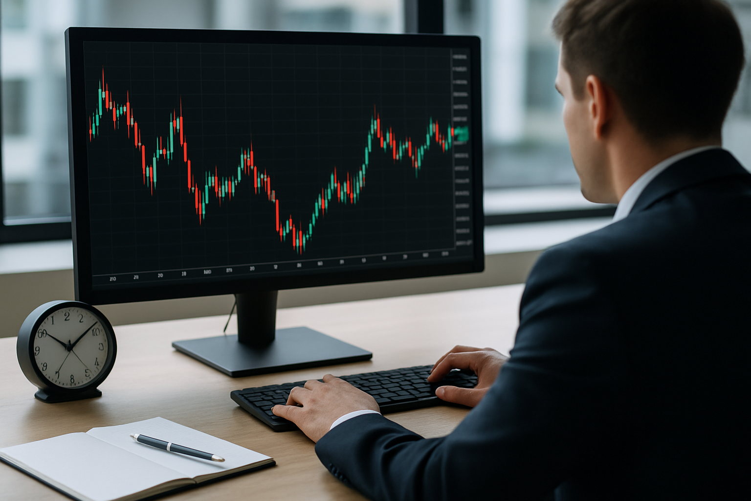 Postazione di lavoro con grafico a candele e orologio, simbolo di trading intraday e gestione del tempo