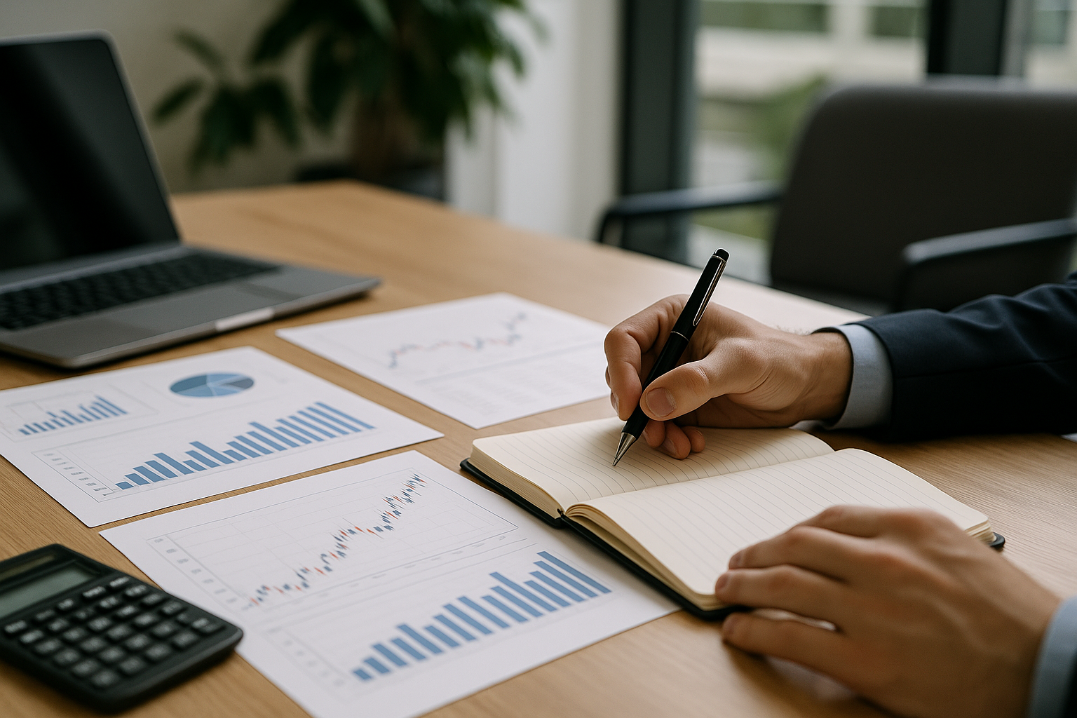 Taccuino per diario di trading su scrivania con grafici finanziari e appunti