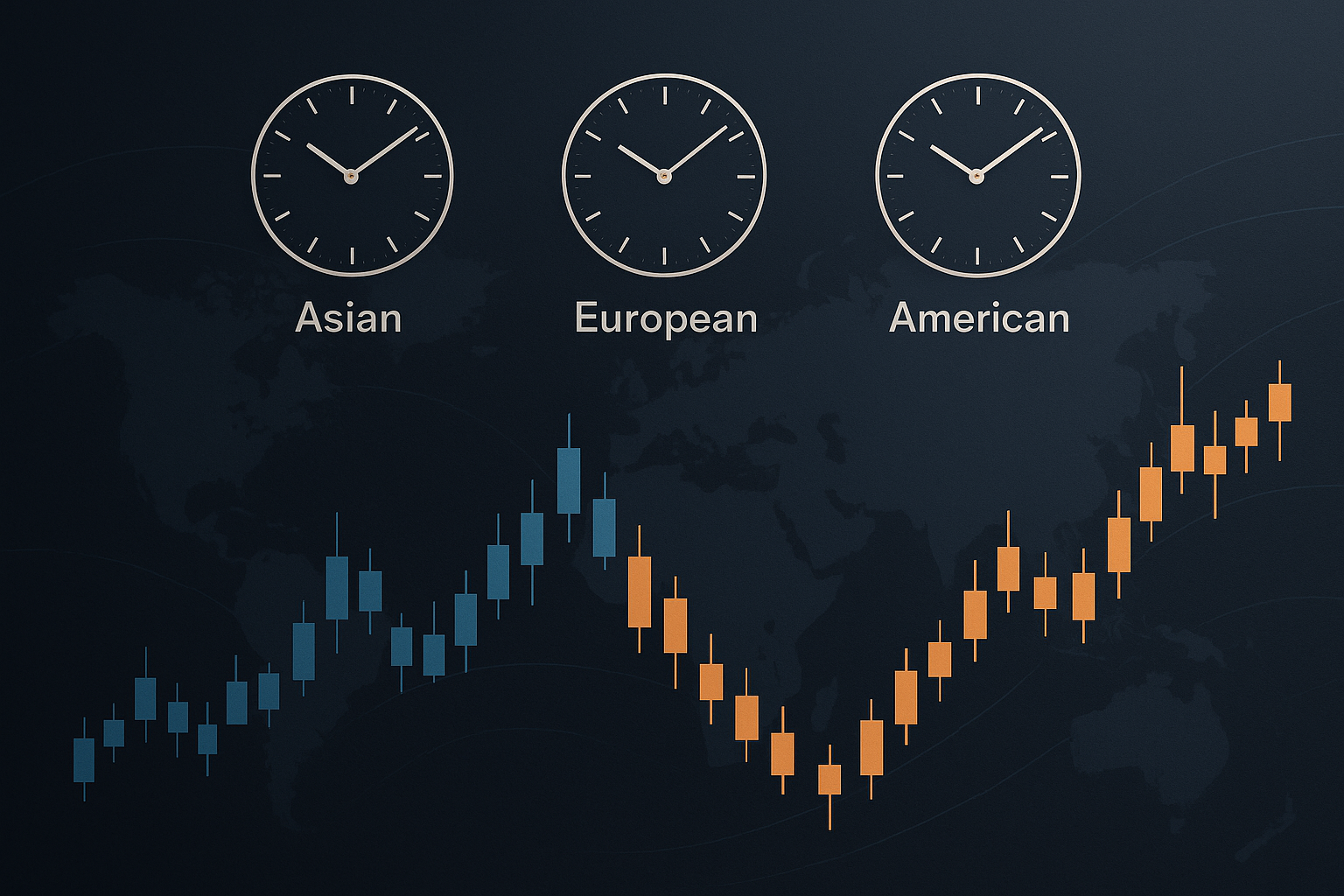 Schema delle sessioni Forex asiatica, europea e americana con sovrapposizioni orarie