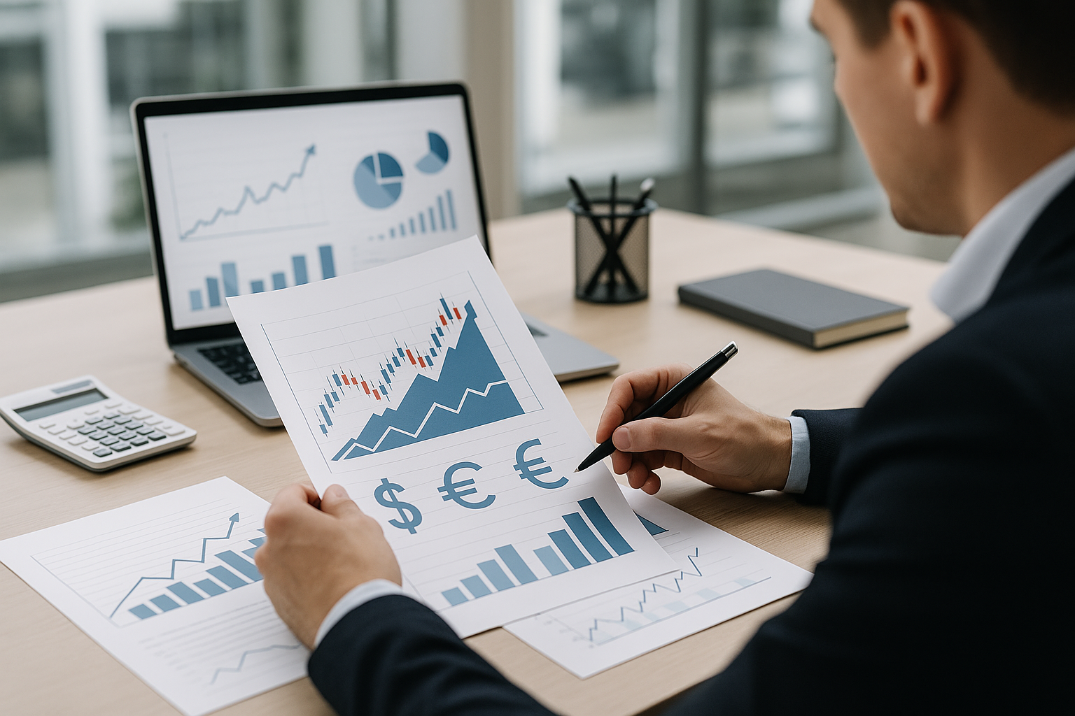 Grafici astratti sul mercato valutario e simboli di valute in stile editoriale